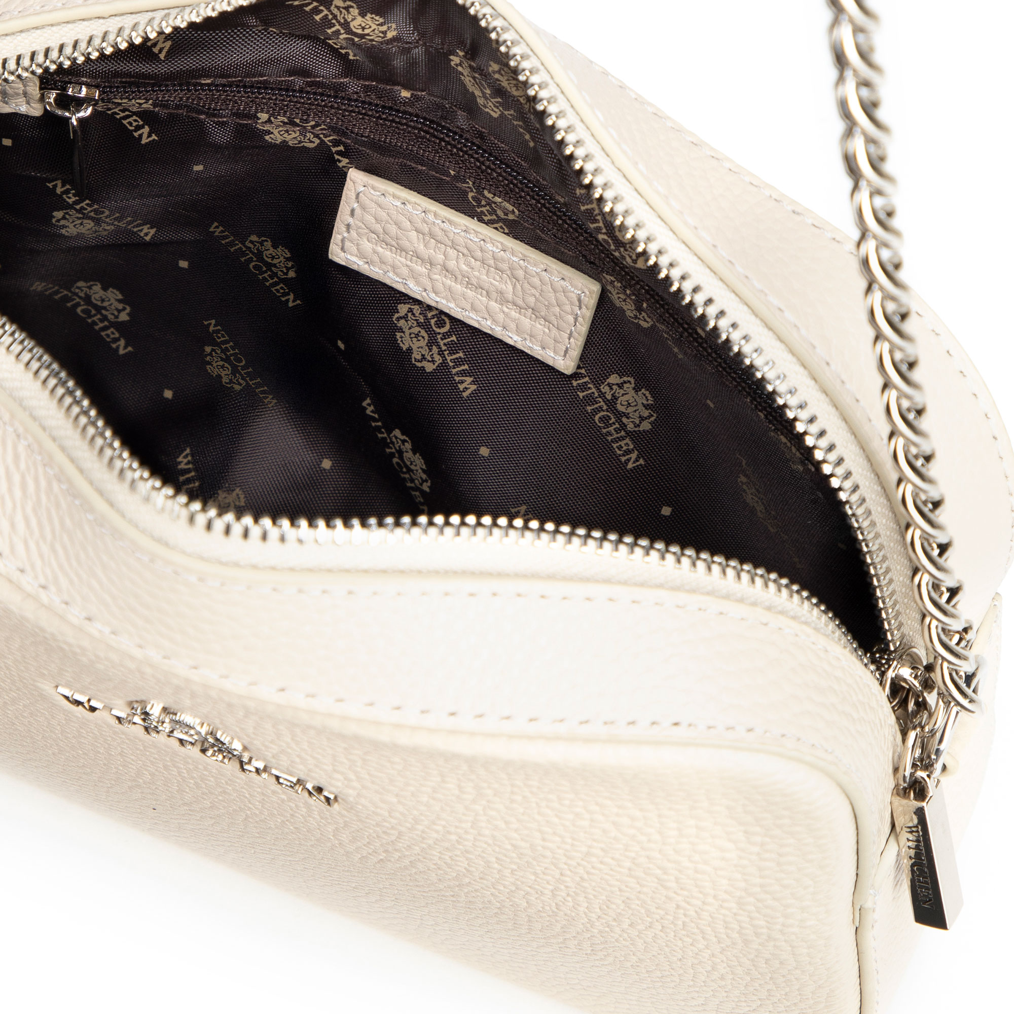 Dámska crossbody kabelka Wittchen z prírodnej kože s retiazkovým detailom a praktickým vzhľadom, Vyberte variant lomená biela