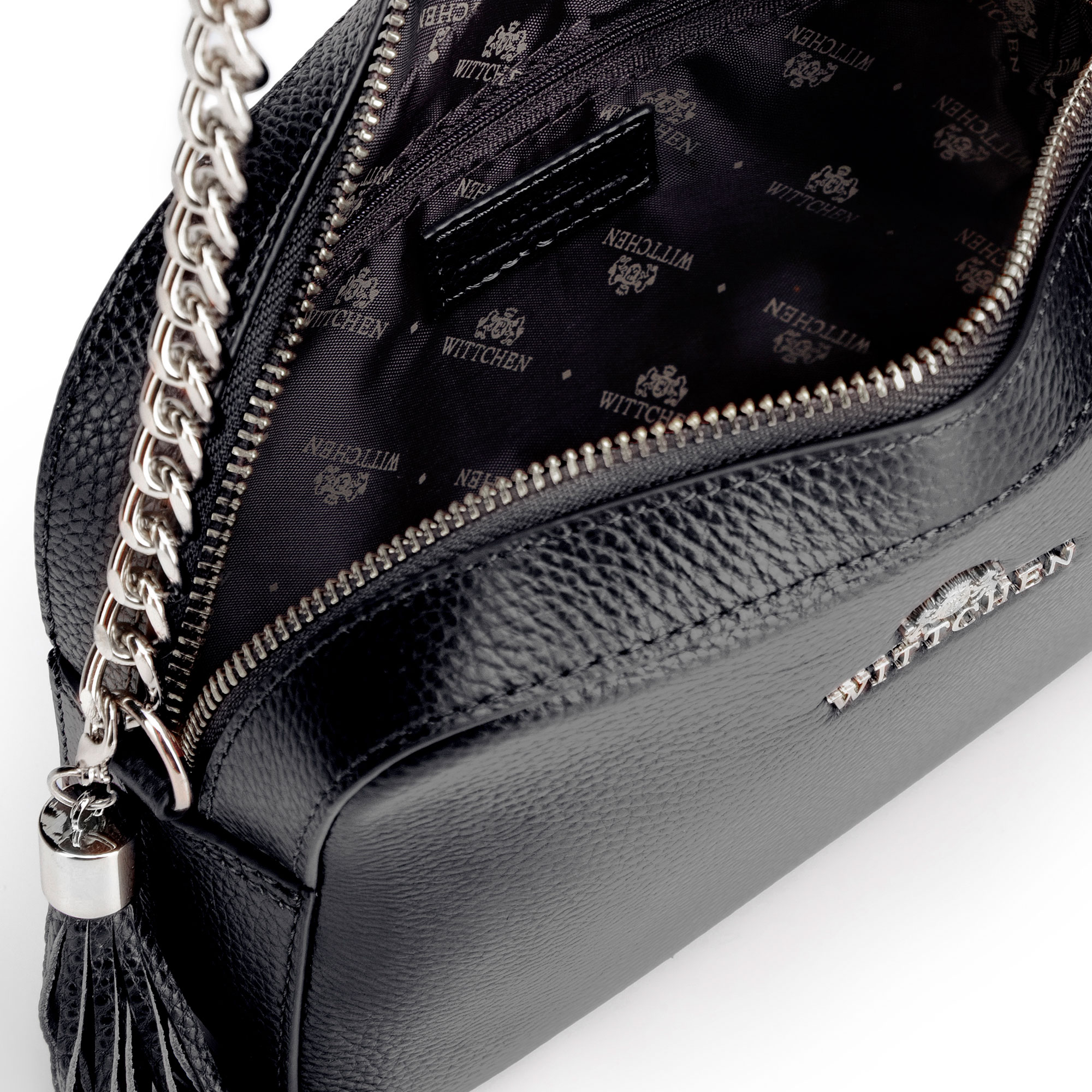 Dámska crossbody kabelka Wittchen z prírodnej kože s retiazkovým detailom a čistým vzhľadom, Vyberte variant čierno-strieborná