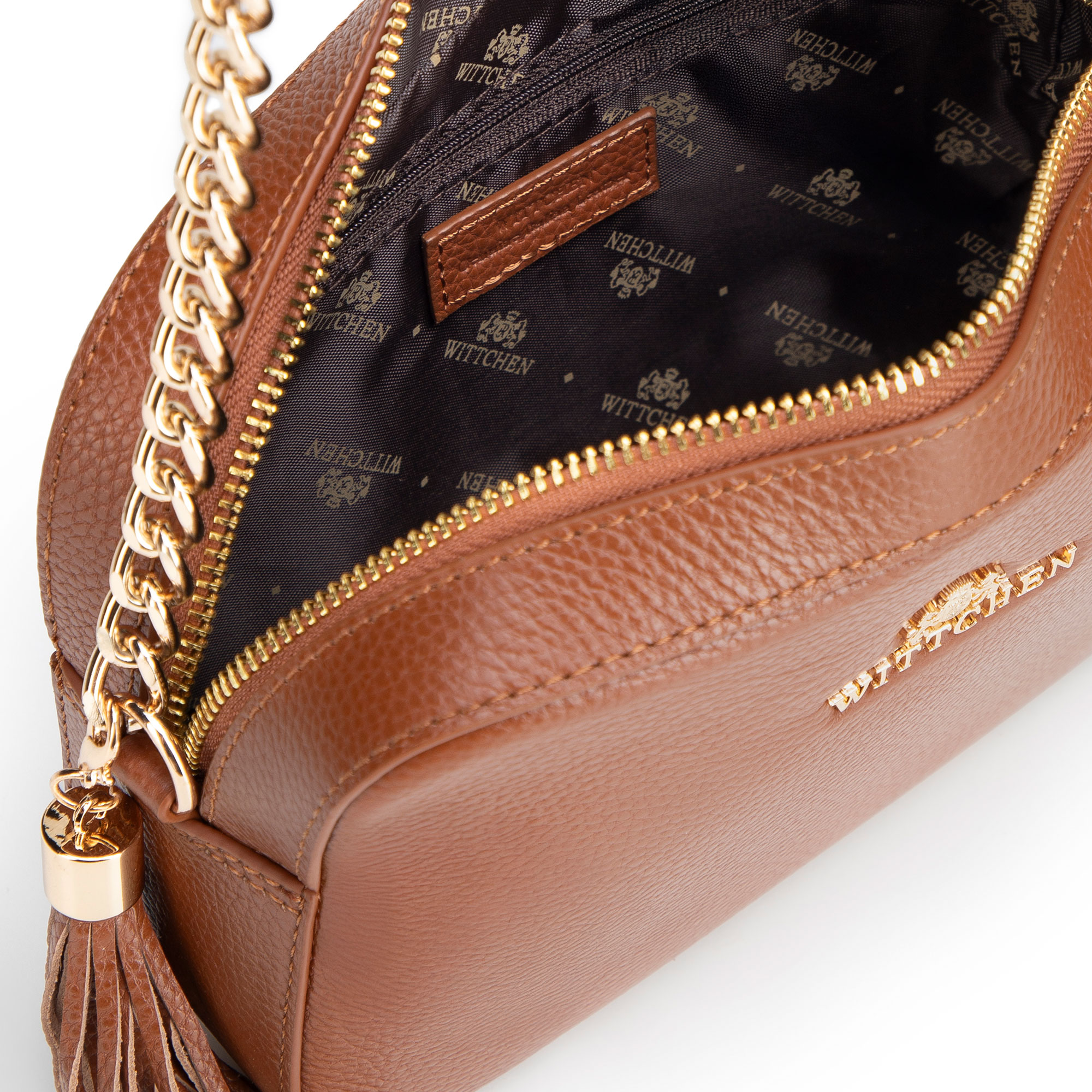 Dámska crossbody kabelka Wittchen z prírodnej kože s retiazkovým detailom a moderným vzhľadom, Vyberte variant hnedá