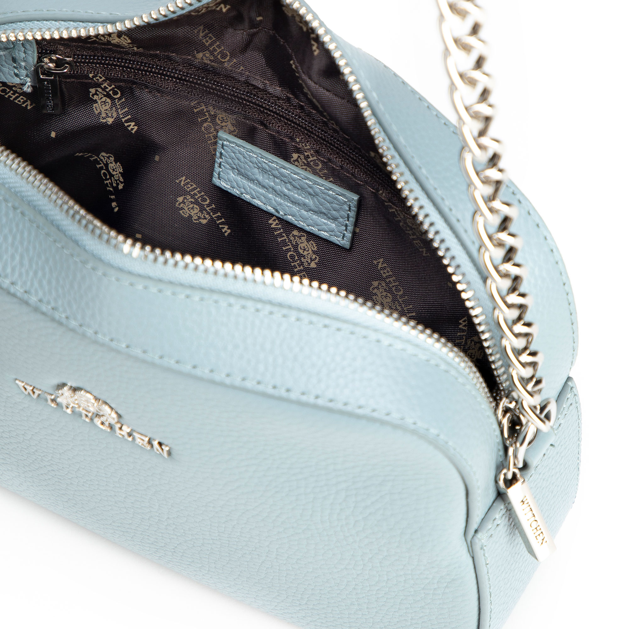 Dámska crossbody kabelka Wittchen z prírodnej kože s retiazkovým detailom a minimalistickým vzhľadom, Vyberte variant svetlomodrá