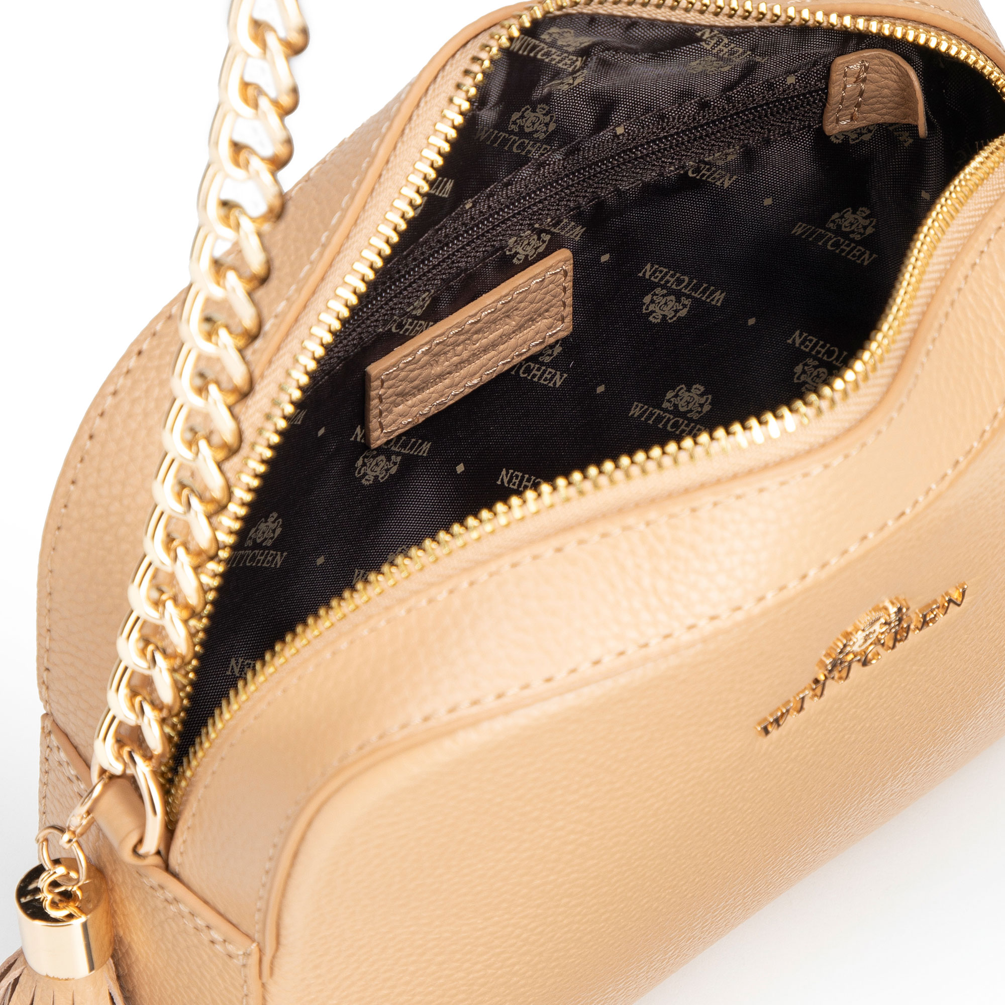 Dámska crossbody kabelka Wittchen z prírodnej kože s retiazkovým detailom a mestským vzhľadom, Vyberte variant béžová