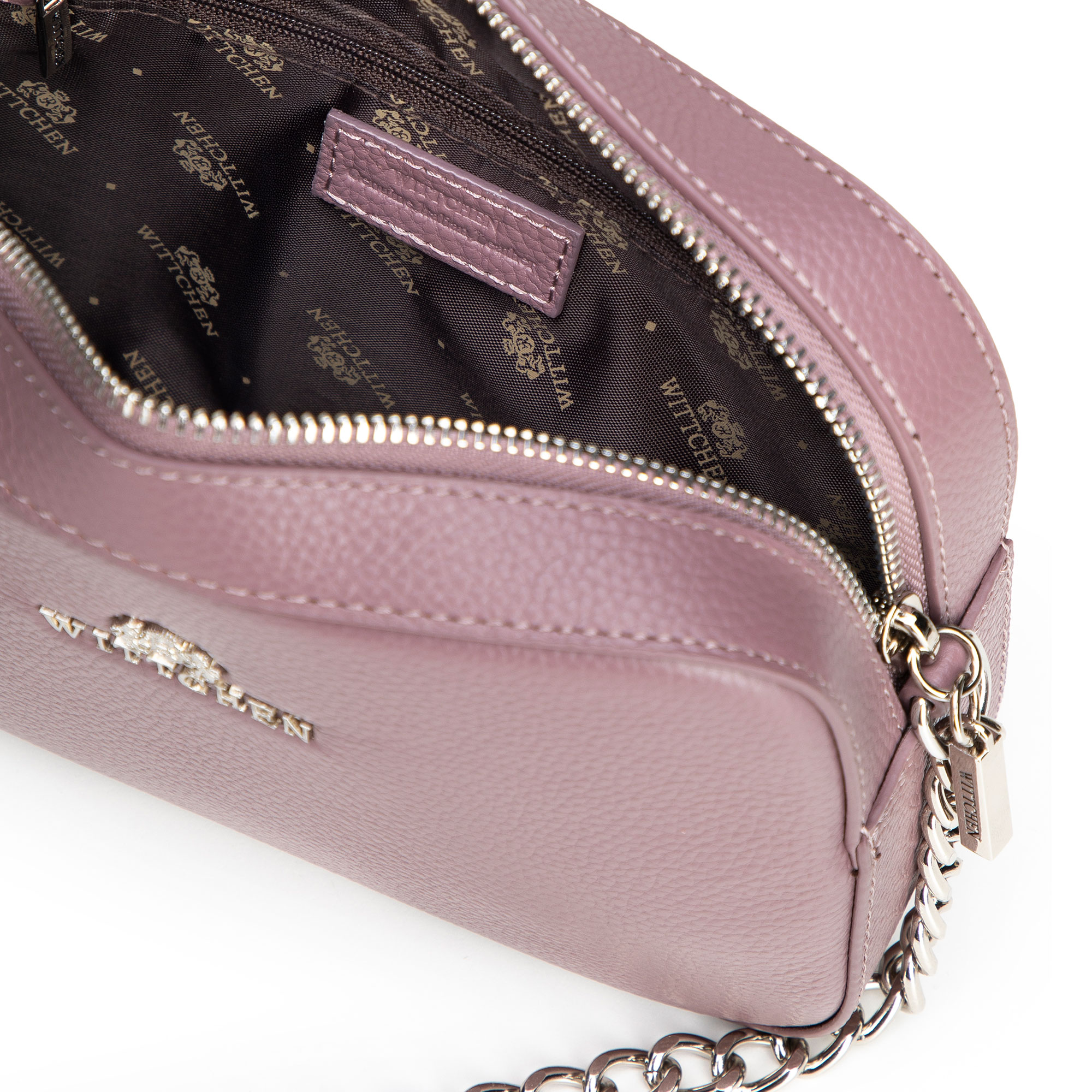 Dámska crossbody kabelka Wittchen z prírodnej kože s retiazkovým detailom a výrazným vzhľadom, Vyberte variant fialová