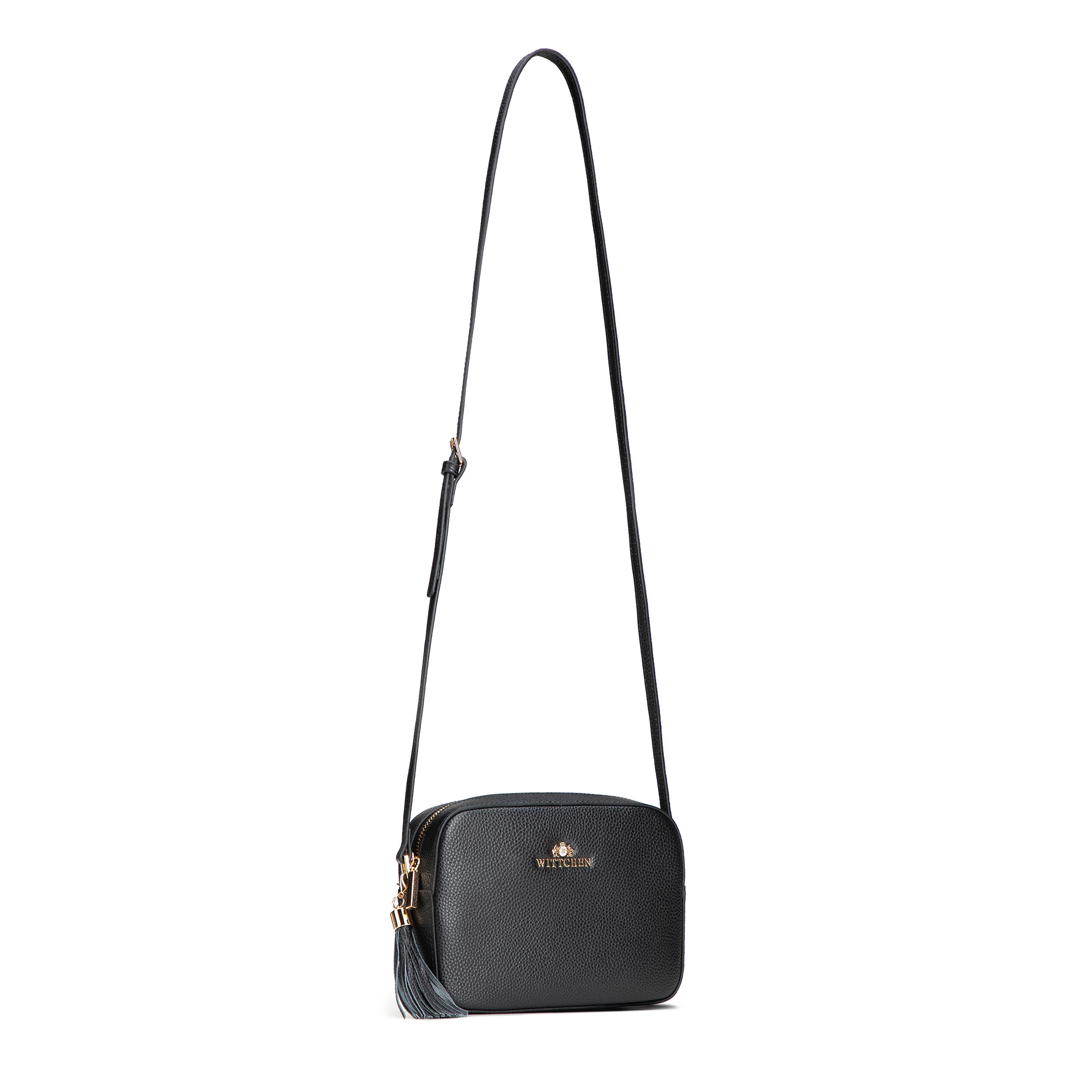 Dámska crossbody kabelka Wittchen z prírodnej kože s ozdobným strapcom a čistým vzhľadom, Vyberte variant čierno-zlatá
