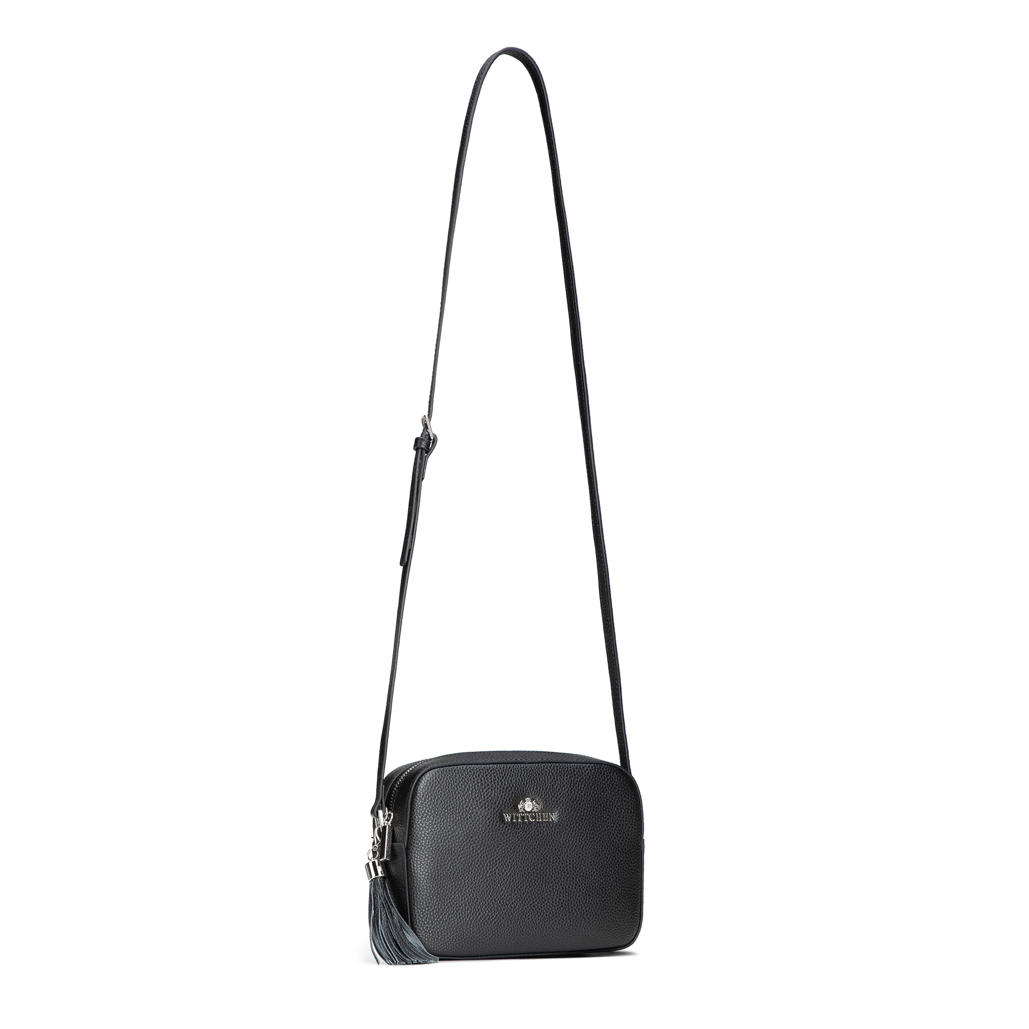 Dámska crossbody kabelka Wittchen z prírodnej kože s ozdobným strapcom a výrazným vzhľadom, Vyberte variant čierno-strieborná