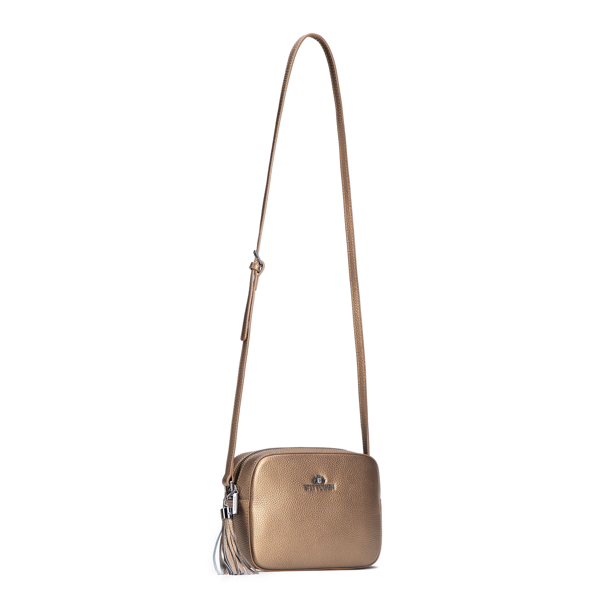Dámska crossbody kabelka Wittchen z prírodnej kože s ozdobným strapcom a jemným vzhľadom, Vyberte variant zlatá
