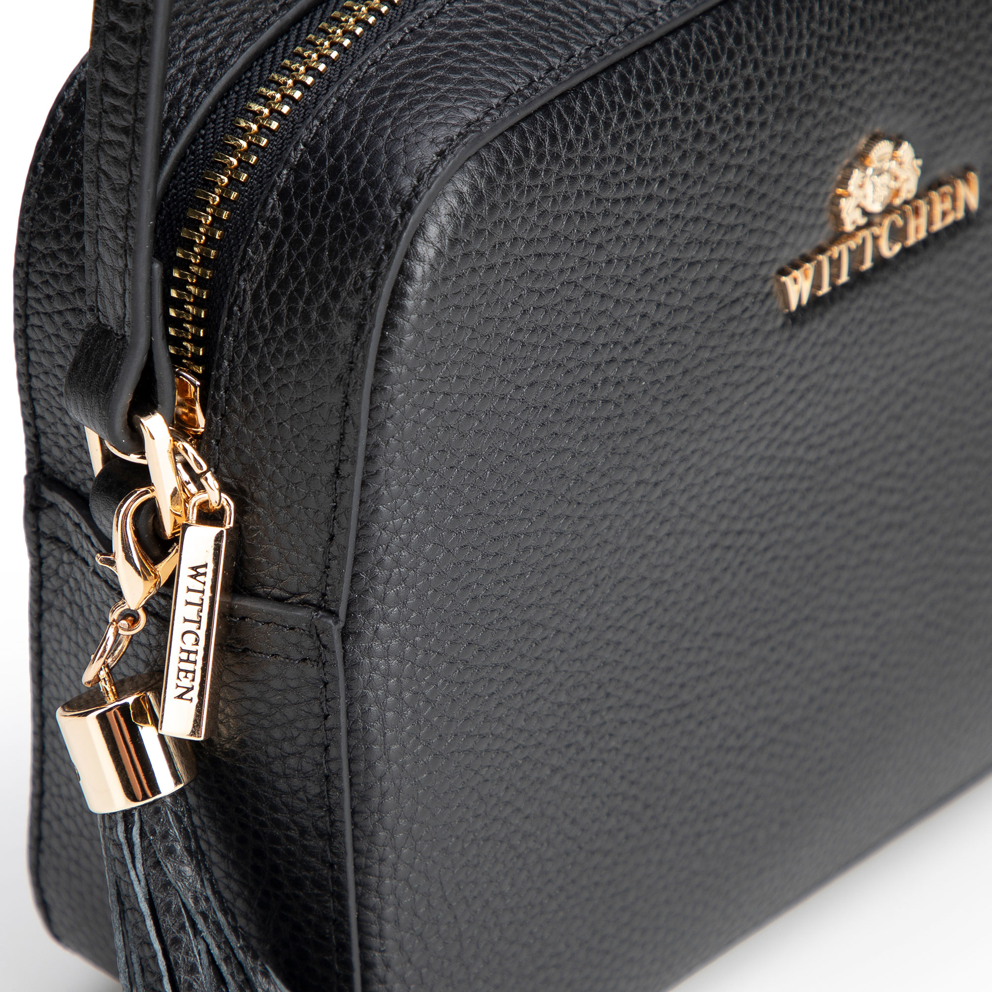 Dámska crossbody kabelka Wittchen z prírodnej kože s ozdobným strapcom a čistým vzhľadom, Vyberte variant čierno-zlatá