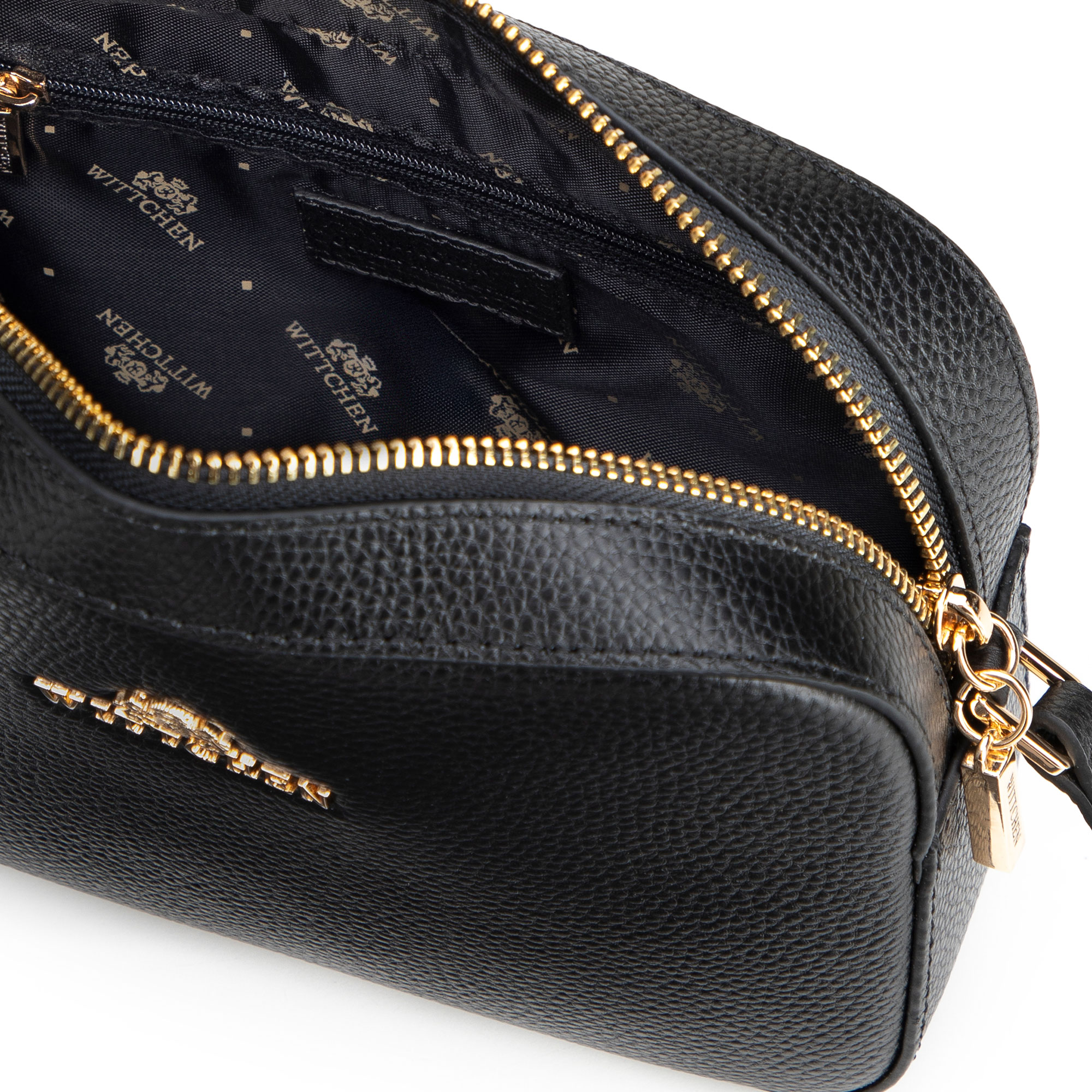 Dámska crossbody kabelka Wittchen z prírodnej kože s ozdobným strapcom a čistým vzhľadom, Vyberte variant čierno-zlatá