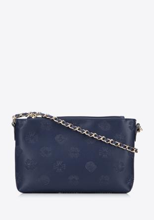 Women's monogram embossed leather clutch bag, navy blue, 95-4E-633-7, Photo 1