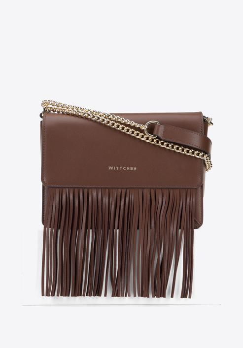 Leather flap fringed shoulder bag, brown, 95-4E-659-Z, Photo 1