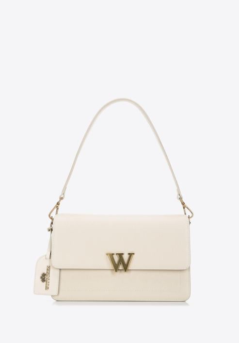 Women's leather flap bag with "W" letter detail, cream-gold, 98-4E-203-N, Photo 1