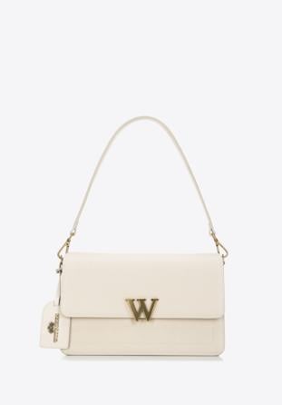 Women's leather flap bag with "W" letter detail, cream-gold, 98-4E-202-0, Photo 1