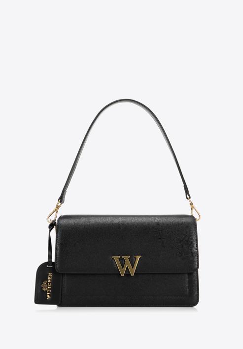 Women's leather flap bag with "W" letter detail, black-gold, 98-4E-202-5, Photo 1