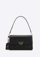 Women's leather flap bag with "W" letter detail, black-gold, 98-4E-202-5, Photo 1