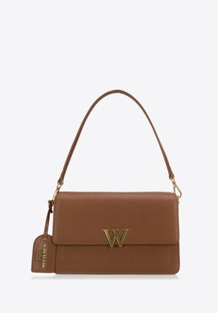 Women's leather flap bag with "W" letter detail, brown, 98-4E-202-5, Photo 1