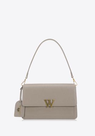 Women's leather flap bag with "W" letter detail, beige-gold, 98-4E-202-9, Photo 1
