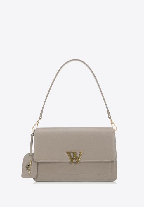 Women's leather flap bag with "W" letter detail, beige-gold, 98-4E-203-N, Photo 1