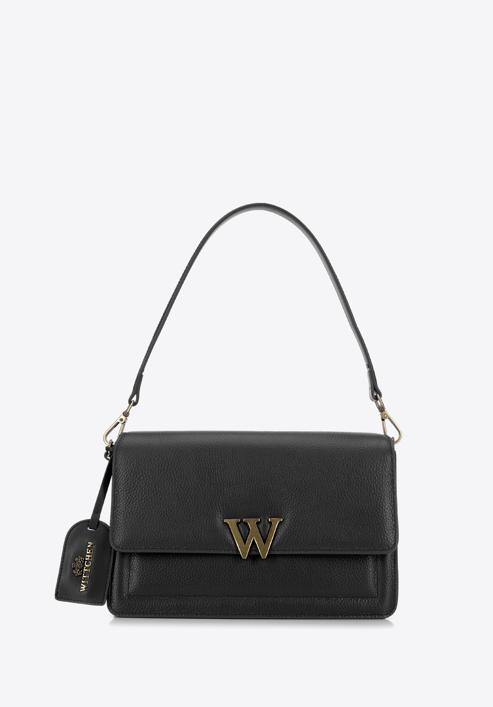 Women's leather flap bag with "W" letter detail, black, 98-4E-202-1, Photo 1