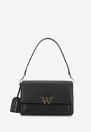 Women's leather flap bag with "W" letter detail, black, 98-4E-202-1, Photo 1