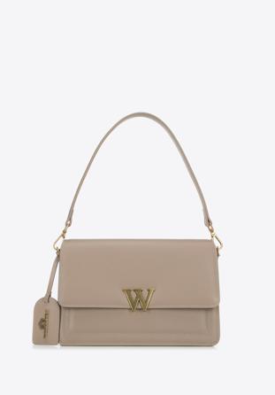 Women's leather flap bag with "W" letter detail, beige, 98-4E-203-9, Photo 1