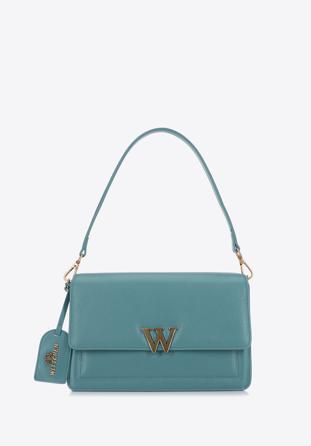 Women's leather flap bag with "W" letter detail, blue, 98-4E-203-N, Photo 1