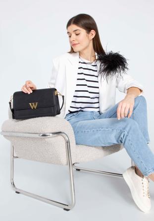 Women's leather flap bag with "W" letter detail, black-gold, 98-4E-202-1, Photo 1