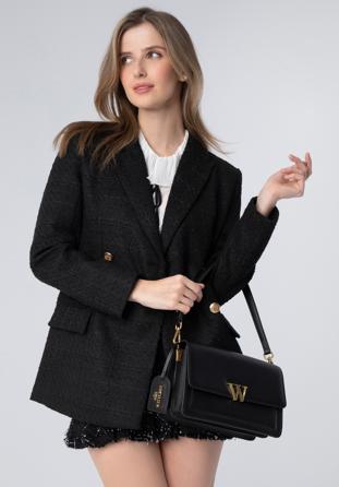 Women's leather flap bag with "W" letter detail, black, 98-4E-203-1, Photo 1