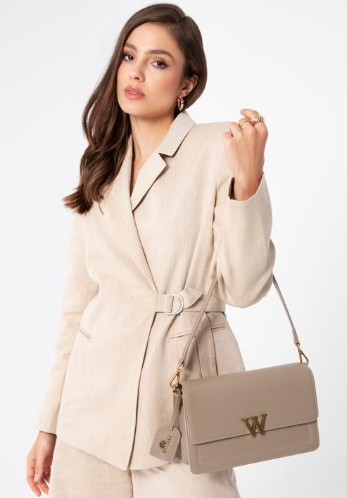 Women's leather flap bag with "W" letter detail, beige, 98-4E-203-1, Photo 15
