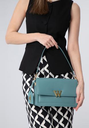 Women's leather flap bag with "W" letter detail, blue, 98-4E-203-N, Photo 1