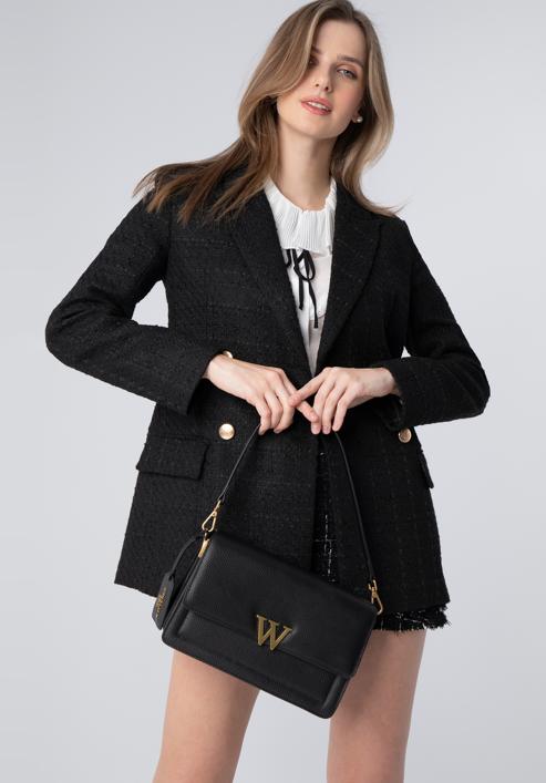Women's leather flap bag with "W" letter detail, black, 98-4E-202-1, Photo 16