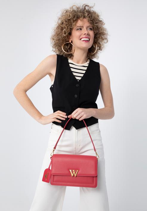 Women's leather flap bag with "W" letter detail, dark pink, 98-4E-202-0, Photo 16