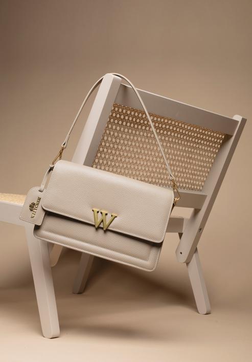 Women's leather flap bag with "W" letter detail, cream-gold, 98-4E-203-N, Photo 35