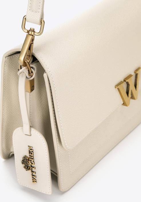 Women's leather flap bag with "W" letter detail, cream-gold, 98-4E-203-N, Photo 4