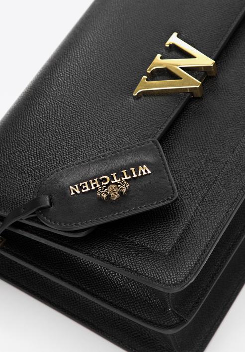 Women's leather flap bag with "W" letter detail, black-gold, 98-4E-202-5, Photo 4