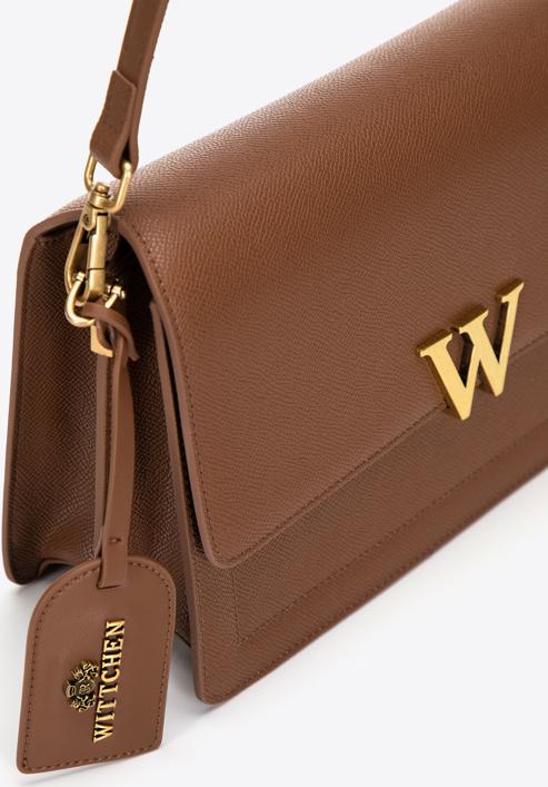 Women's leather flap bag with "W" letter detail, brown, 98-4E-202-5, Photo 4