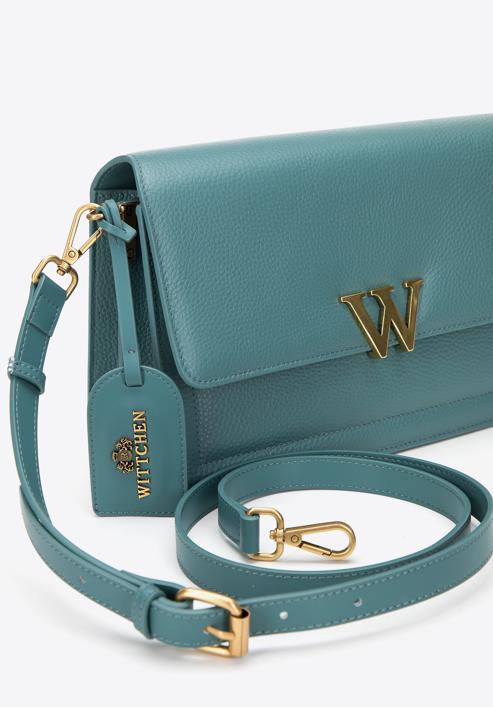 Women's leather flap bag with "W" letter detail, blue, 98-4E-202-1, Photo 4