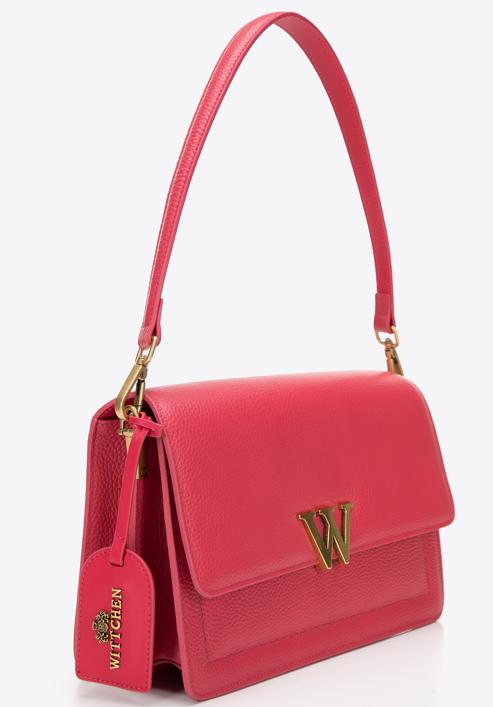 Women's leather flap bag with "W" letter detail, dark pink, 98-4E-202-0, Photo 4