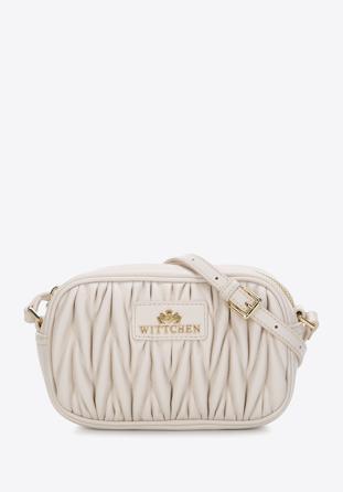 Women's ruched leather crossbody bag, cream, 97-4E-603-0, Photo 1