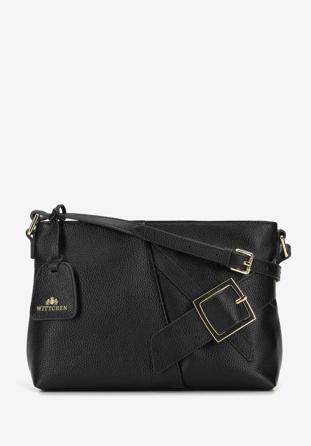 Leather shoulder bag with decorative buckle, black, 95-4E-644-1, Photo 1