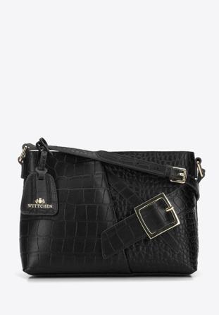 Leather shoulder bag with decorative buckle, black-gold, 95-4E-644-11, Photo 1