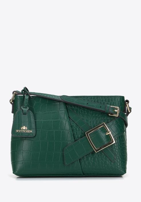 Leather shoulder bag with decorative buckle, green-gold, 95-4E-644-11, Photo 1