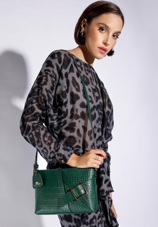 Leather shoulder bag with decorative buckle, green-gold, 95-4E-644-ZZ, Photo 1