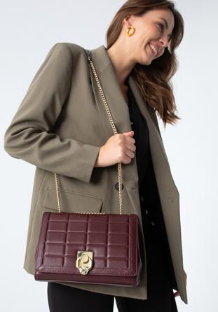 Leather flap bag with chain shoulder strap, plum, 97-4E-613-3, Photo 1