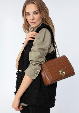 Leather flap bag with chain shoulder strap, brown, 97-4E-613-5, Photo 1