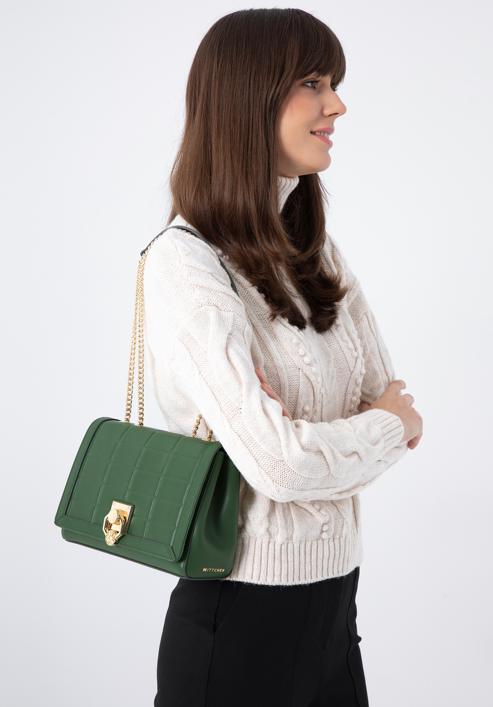 Leather flap bag with chain shoulder strap, green, 97-4E-613-4, Photo 15