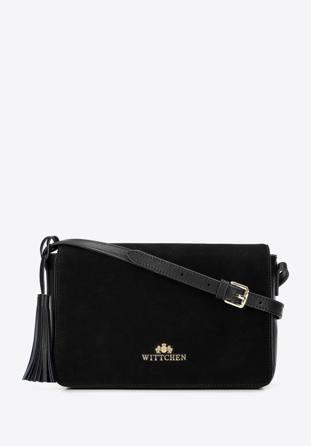 Women's leather flap bag with tassel detail, black, 95-4E-624-10, Photo 1