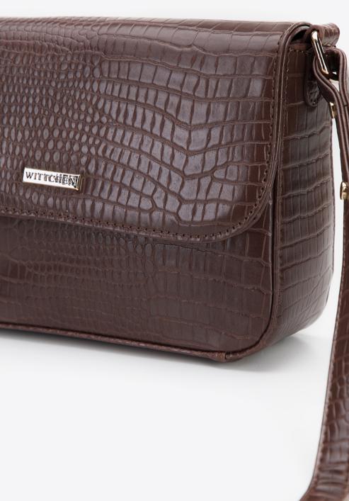Small croc print faux leather crossbody bag, dark brown, 95-4Y-507-4, Photo 4