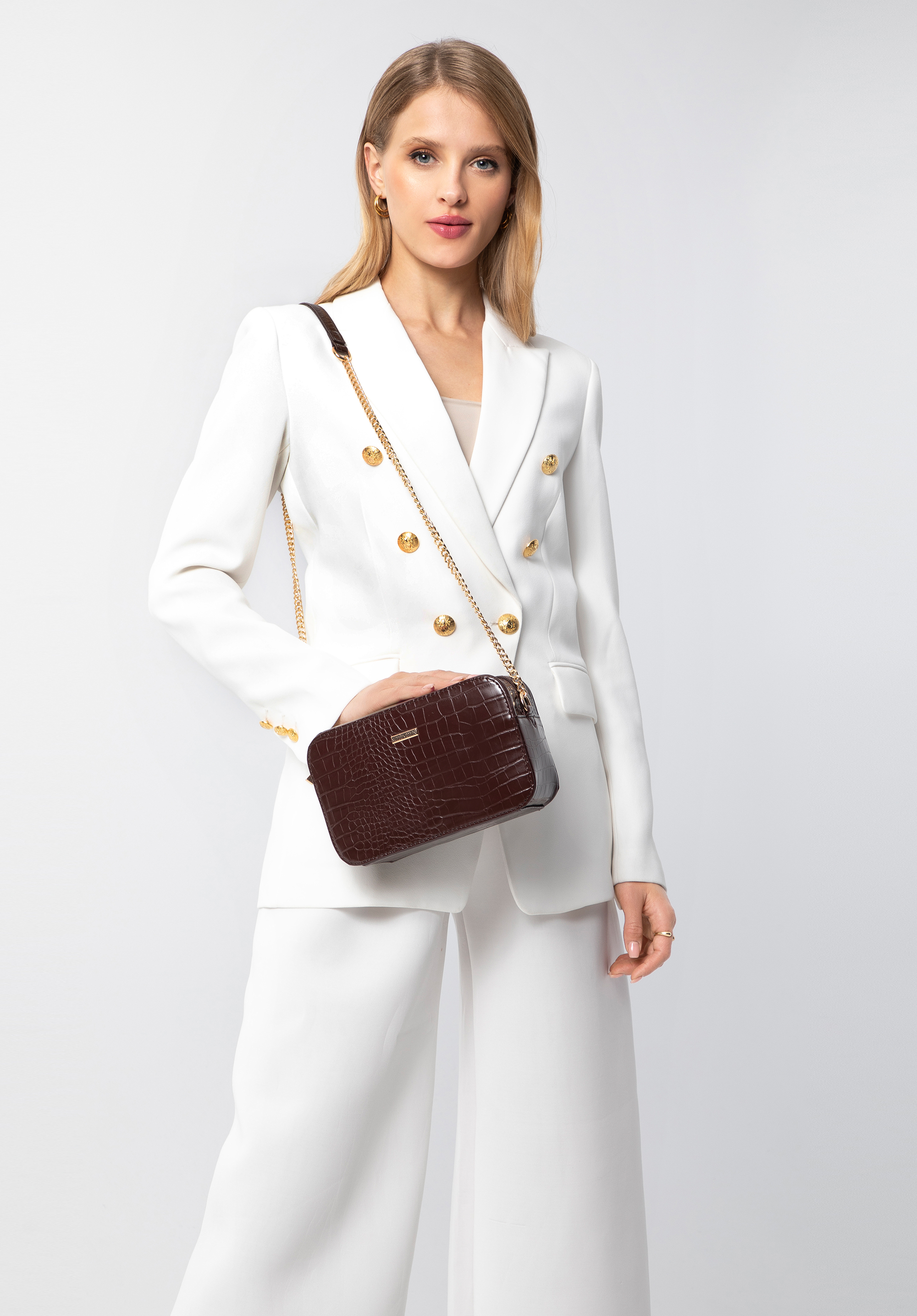 Damska listonoszka z ekoskóry croco pudełkowa, ciemny brąz, 29-4Y-015-4, Zdjęcie 1