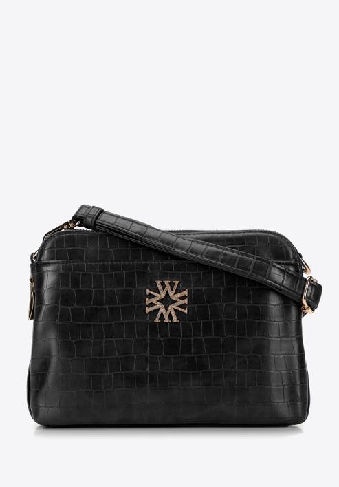 Croc effect faux leather crossbody bag, black, 29-4Y-017-B3, Photo 1