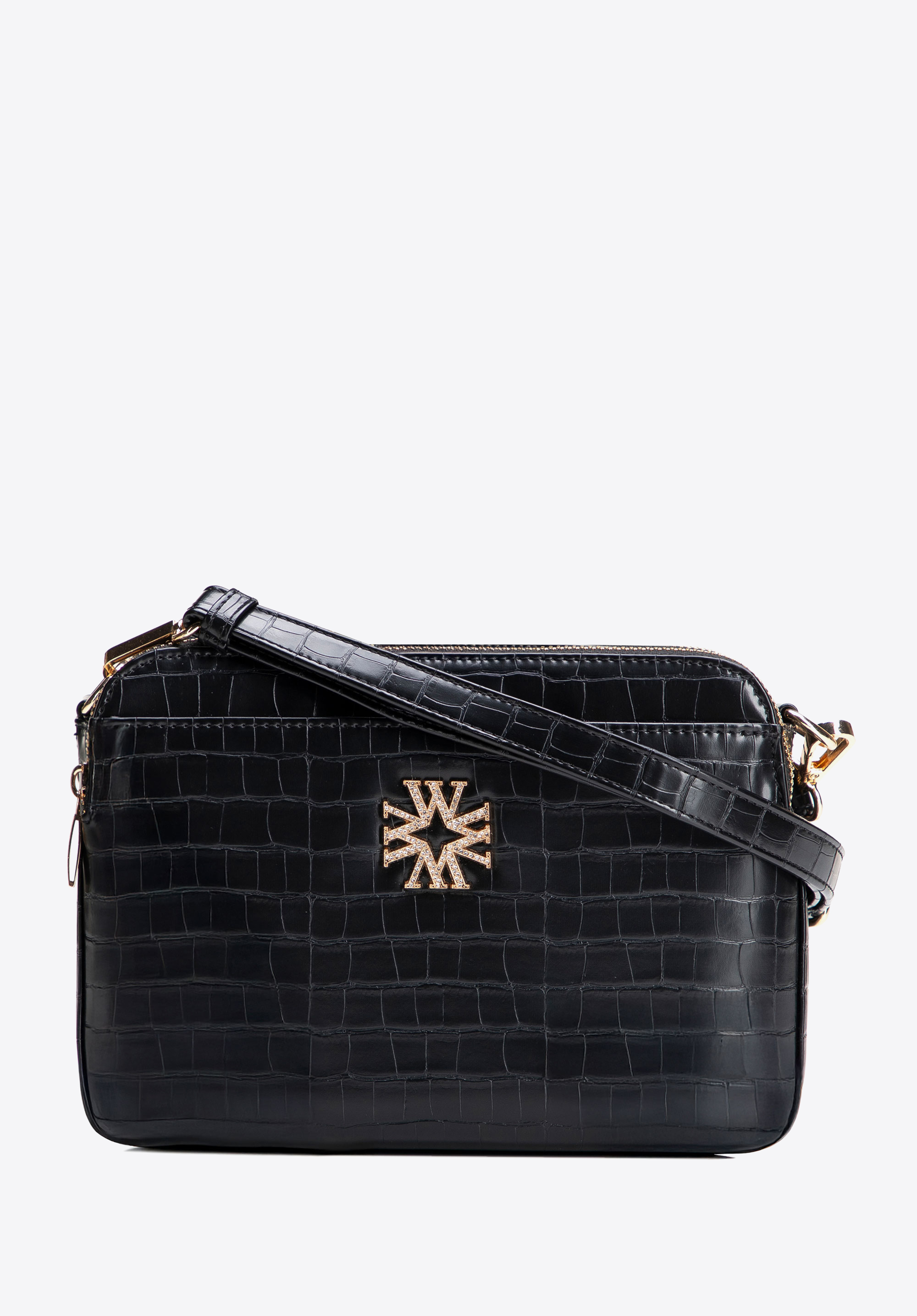 Damska listonoszka z ekoskóry croco trzykomorowa, czarny, 29-4Y-017-B1, Zdjęcie 1