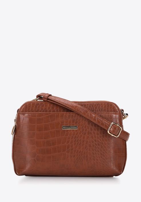 Croc effect faux leather cross body bag, brown, 95-4Y-034-1, Photo 1